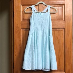 Girls Size 16 Rare Editions Seersucker Blue Striped Lined Sleeveless Dress Bow
